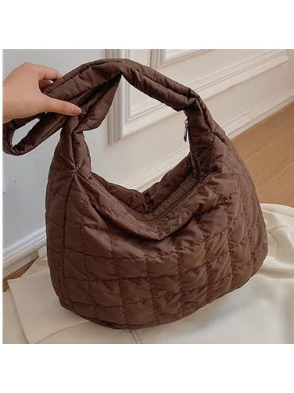 Women Brown Puffer Tote Bags Lightweight Quilted Padding Shoulder Bag